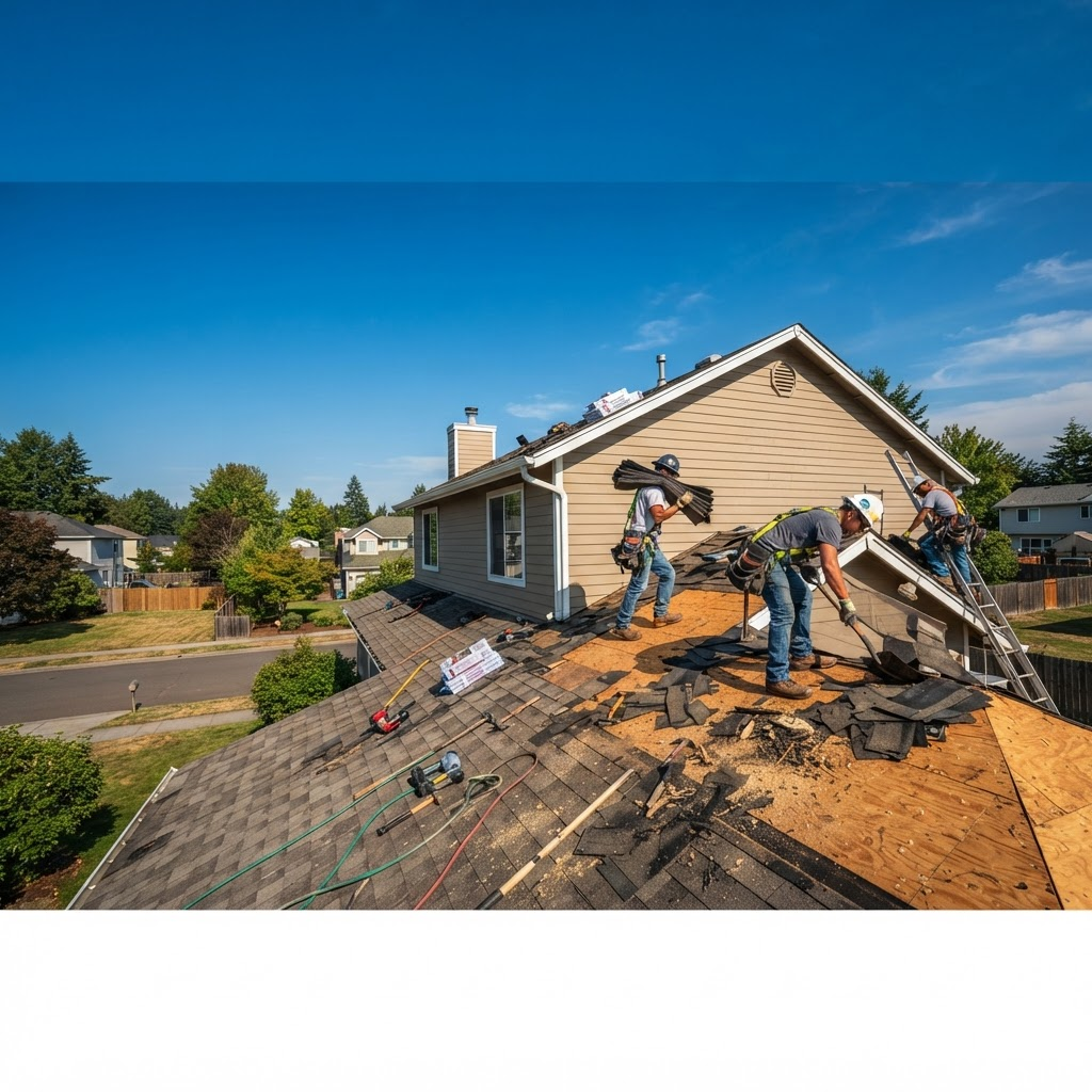 Roofing crew tearing off shingles on a residential roof