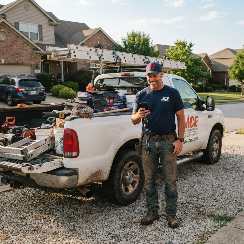 Roofing contractor checking his phone next to his work truck