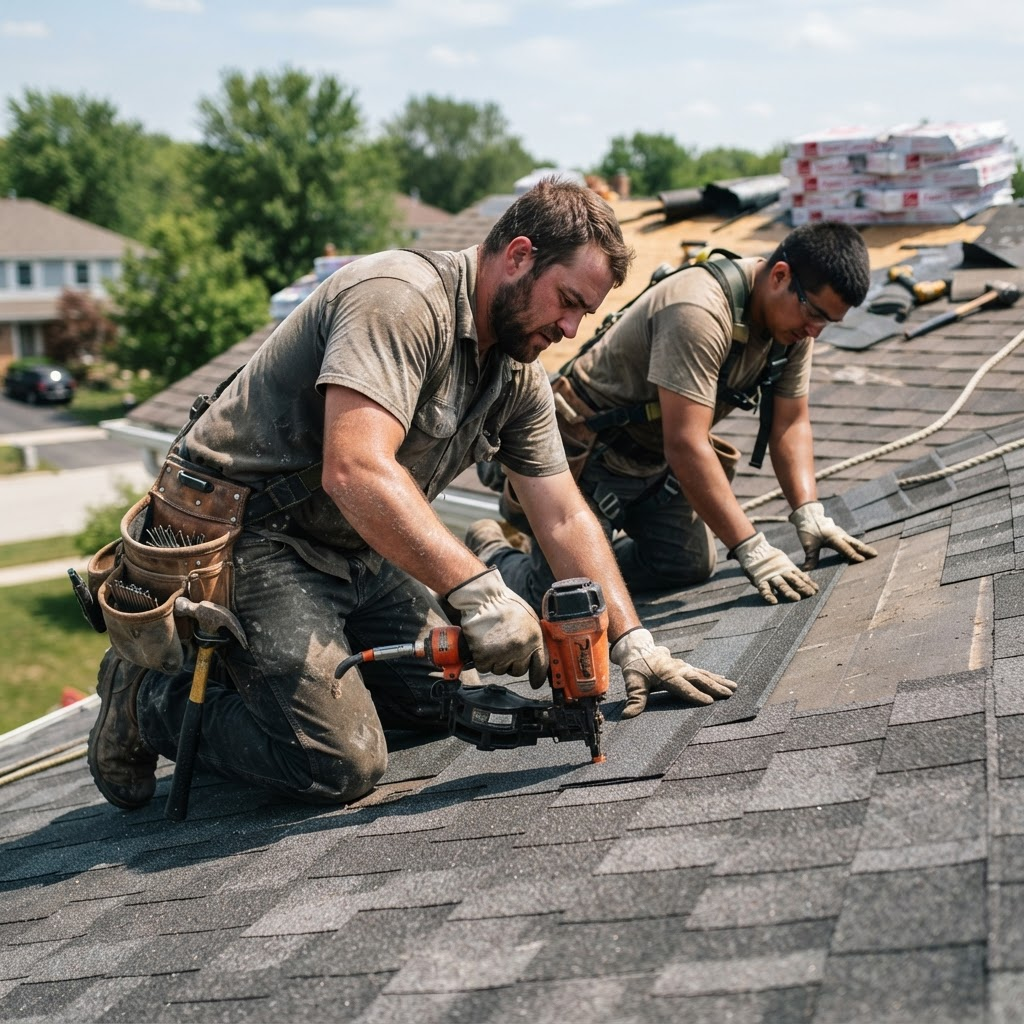 Roofing crew installing new shingles on a residential roof