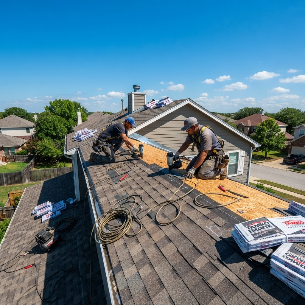 Roofing crew installing new shingles on a residential roof