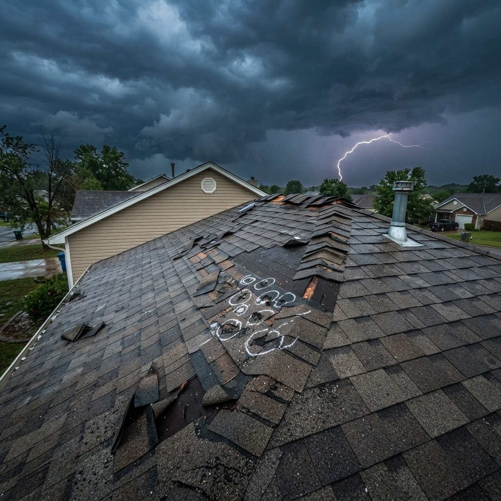 Residential roof with storm and hail damage under a dark sky